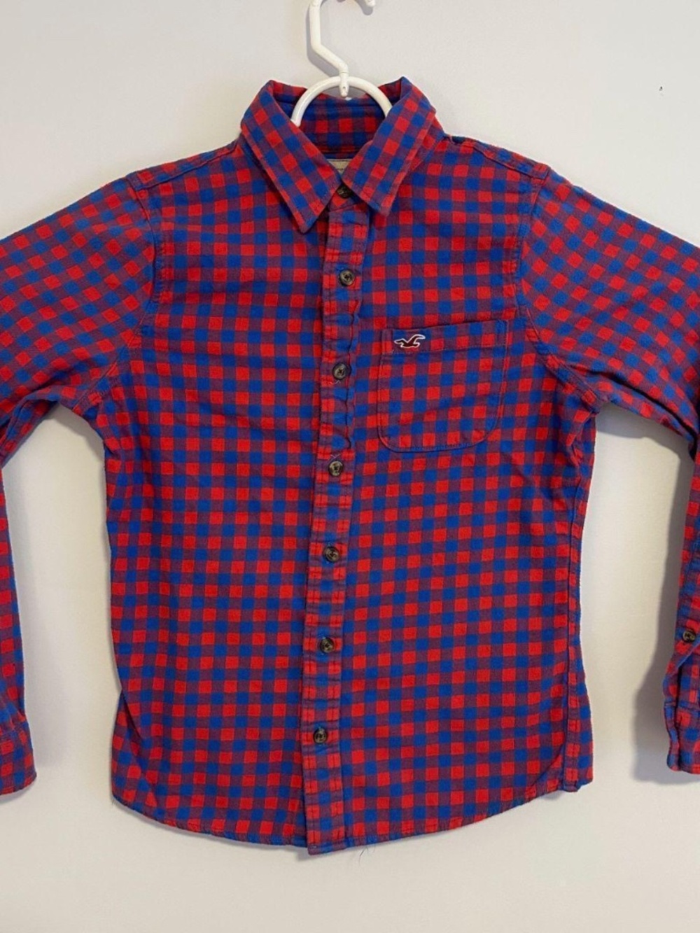 Hollister Casual Button Down Mens Medium Red Blue Plaid Y2K Preppy Flannel Shirt